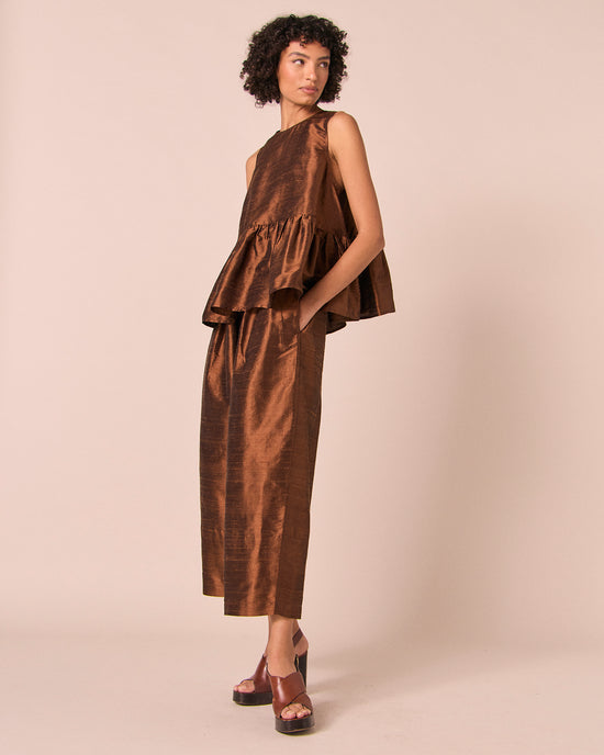 model wears bobbi pecan silk dupion trousers right