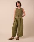 model wears bobbi khaki linen trousers left