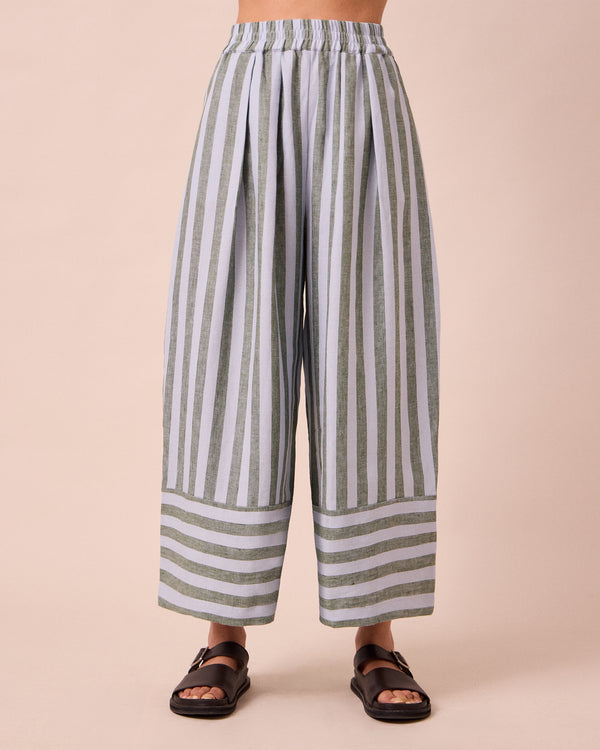 model wears bobbi aloe stripe linen trousers front