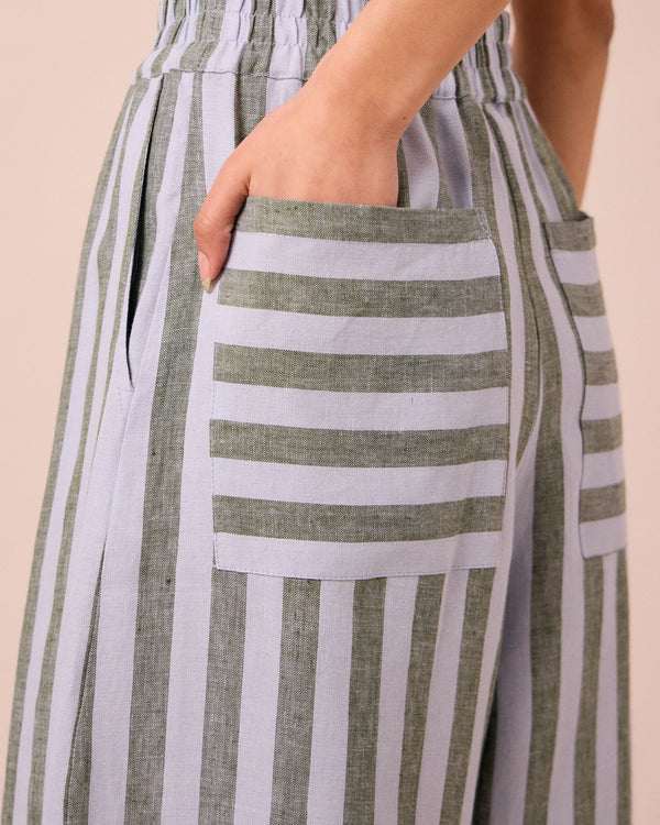 model wears bobbi aloe stripe linen trousers 