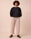 model wears bonnie shell hickory stripe denim jeans right