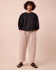model wears bonnie shell hickory stripe denim jeans right