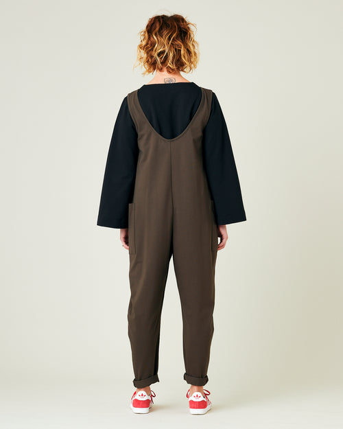 model wears cocoa cotton jersey poppy jumpsuit