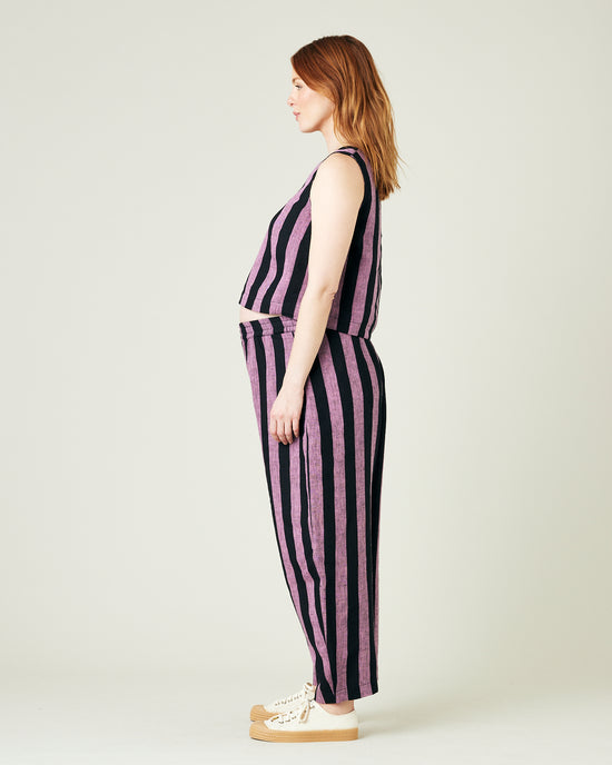  pregnant model wears pink and black stripe linen mabel trousers