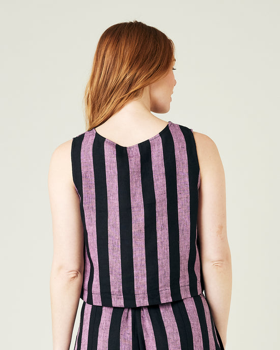 pregnant model wears pink and black stripe linen esme top