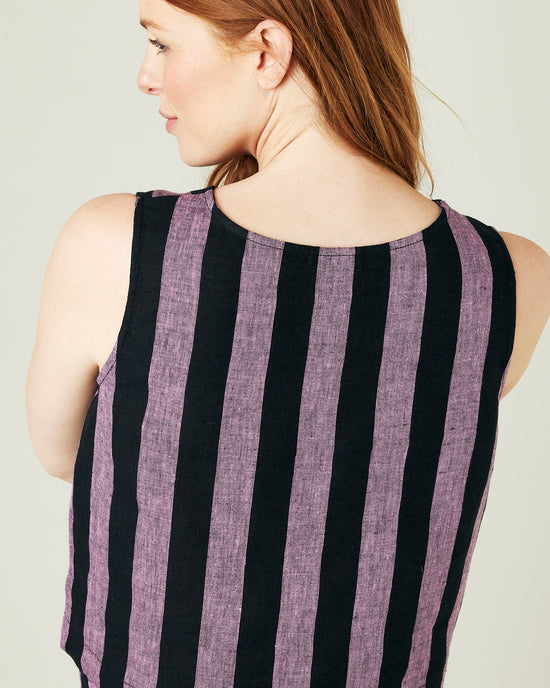 pregnant model wears pink and black stripe linen esme top