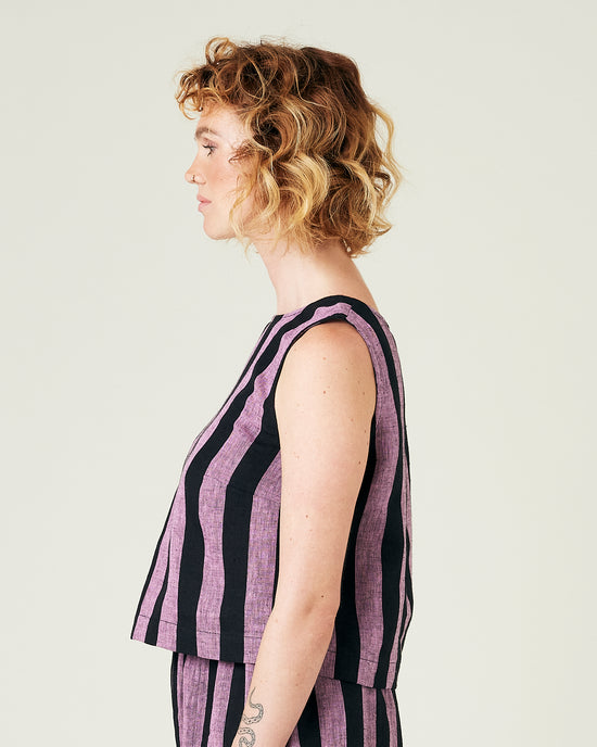 model wears pink and black stripe linen esme top