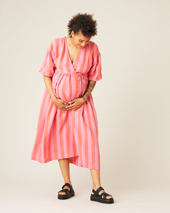 model wear pink and red stripe linen winnie dress