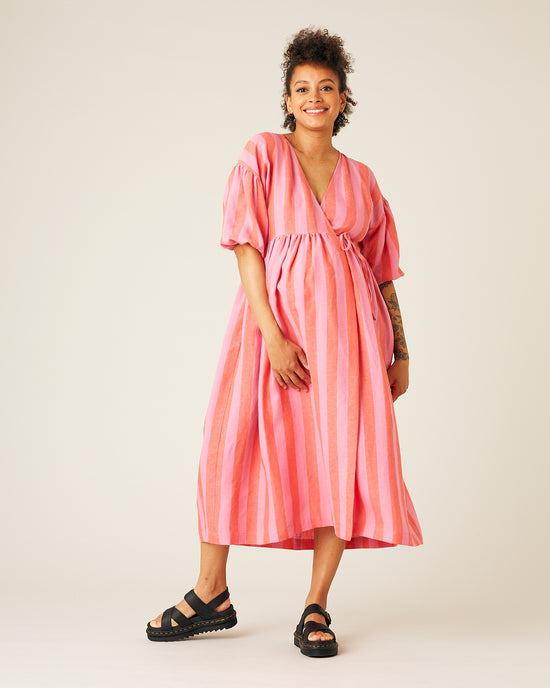 model wear pink and red stripe linen winnie dress