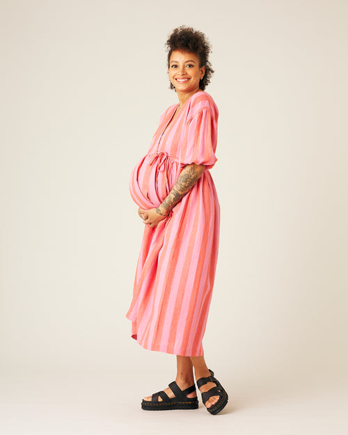 model wear pink and red stripe linen winnie dress