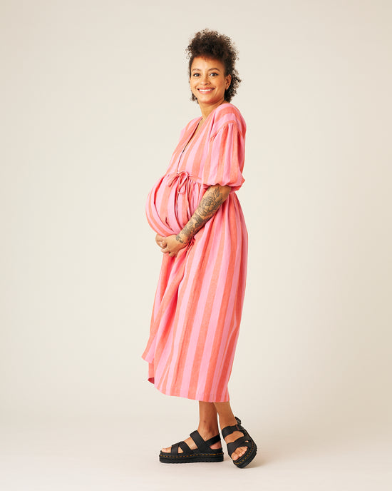 model wear pink and red stripe linen winnie dress