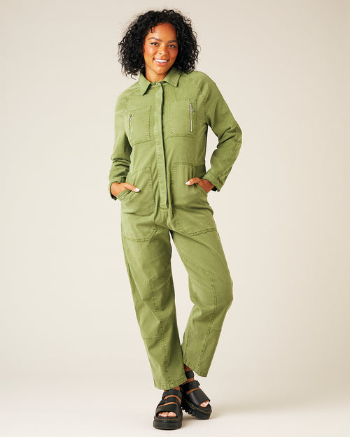 model wears moss green hallie jumpsuit