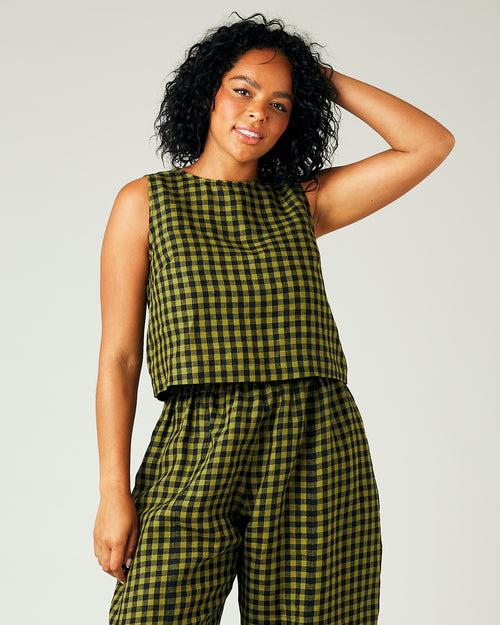 model wears green gingham linen esme top