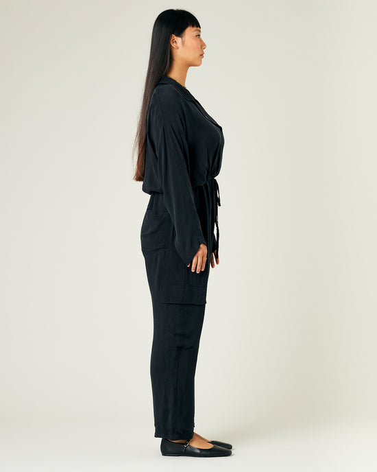 model wears black cupro mila coverall