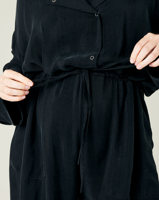 pregnant model wears black cupro mila coverall