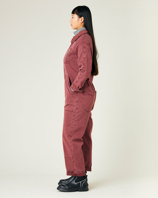 model wears wine hallie coverall