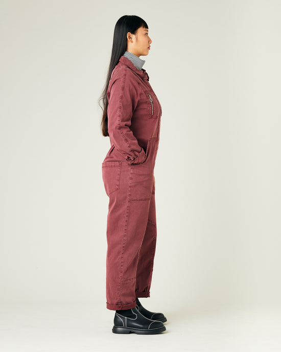 model wears wine hallie coverall