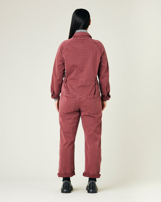 model wears wine hallie coverall