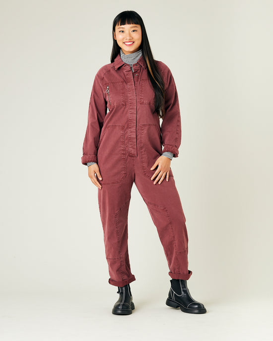 model wears wine hallie coverall