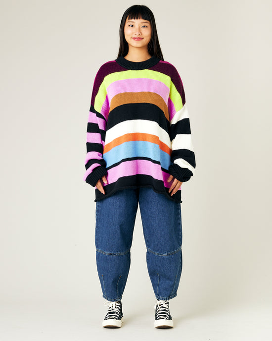 model wears striped knitted avery jumper