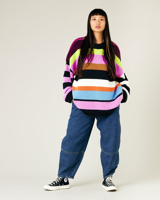 model wears striped knitted avery jumper