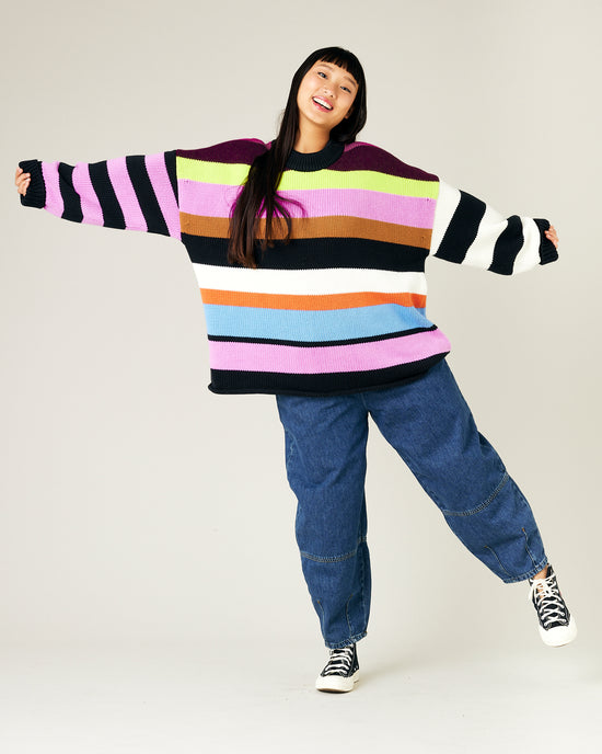 model wears striped knitted avery jumper