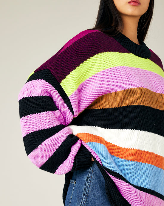 model wears striped knitted avery jumper