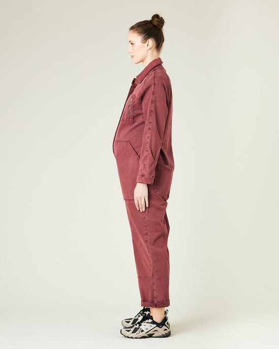  pregnant model wears wine hallie coverall