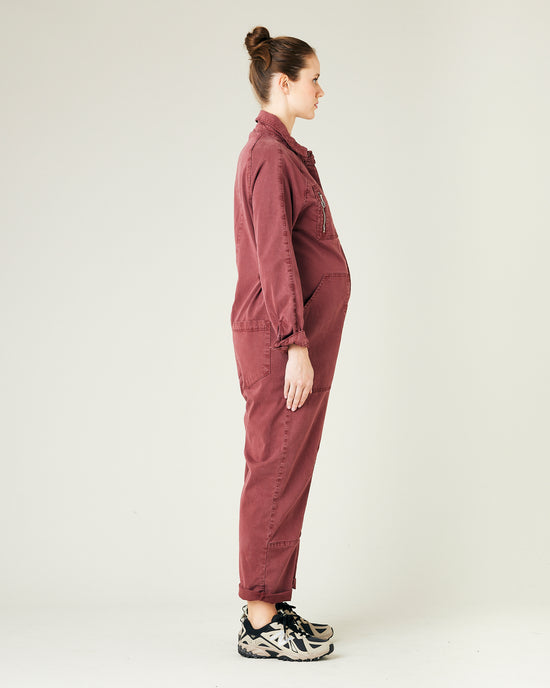 pregnant model wears wine hallie coverall