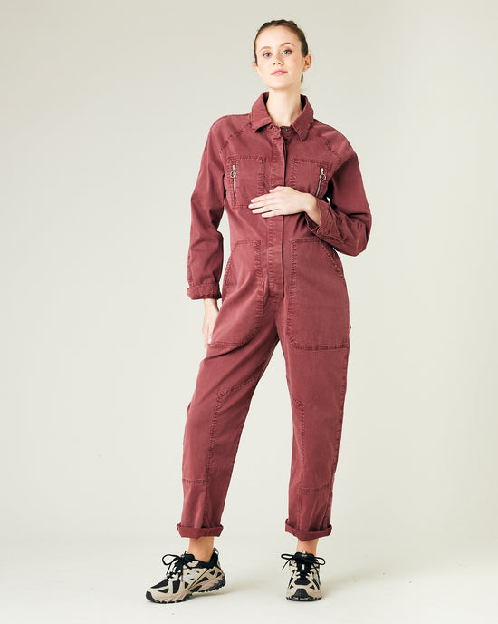 pregnant model wears wine hallie coverall