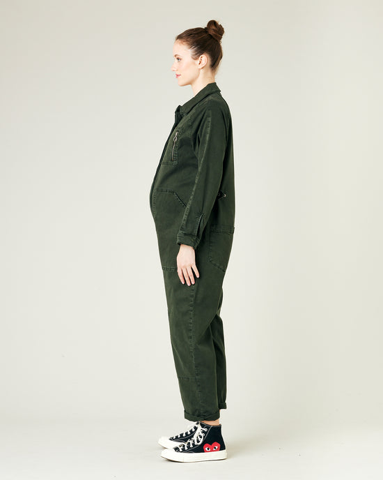 pregnant model wears sea green hallie coverall