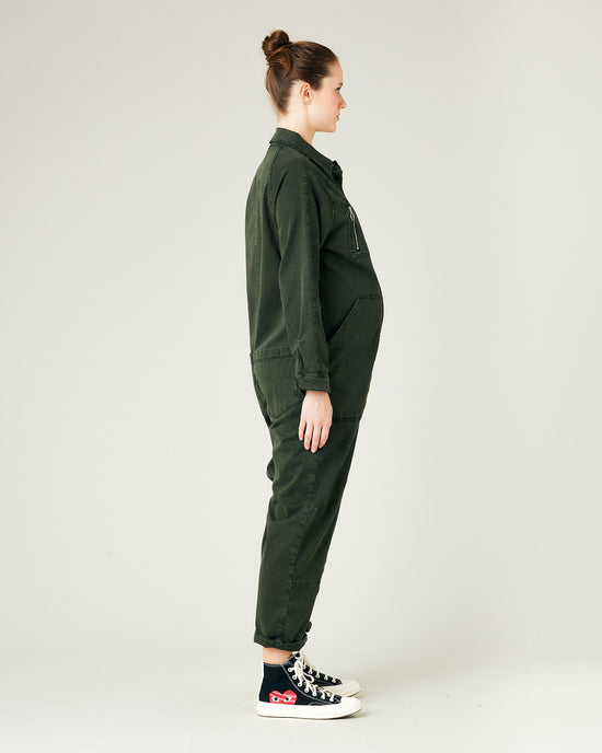 pregnant model wears sea green hallie coverall