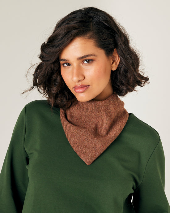 model wears knitted hazelnut neckerchief