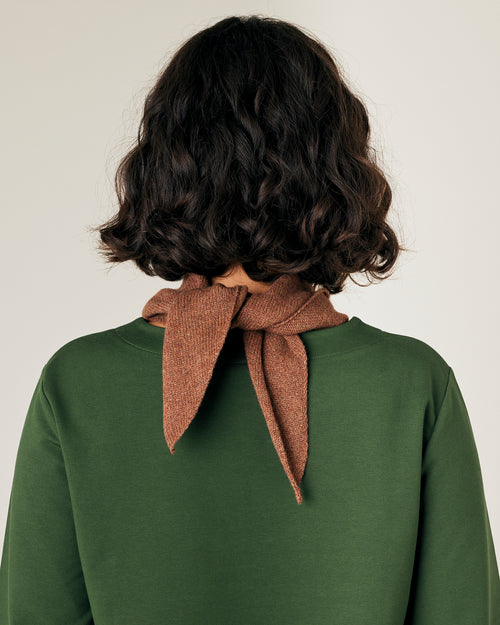 model wears knitted hazelnut neckerchief