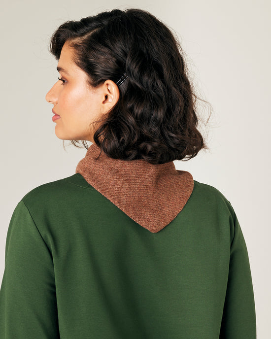 model wears knitted hazelnut neckerchief