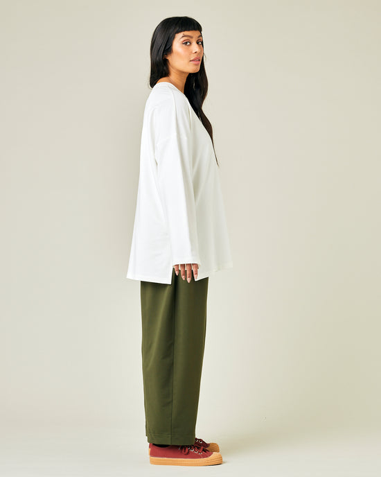 model wears olive jersey mabel trousers