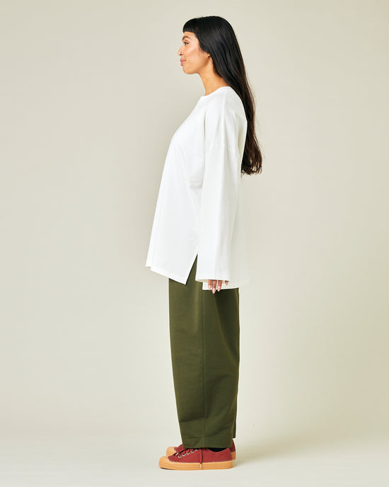 model wears olive jersey mabel trousers