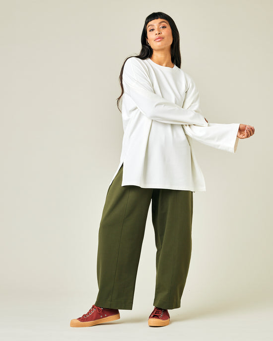 model wears olive jersey mabel trousers