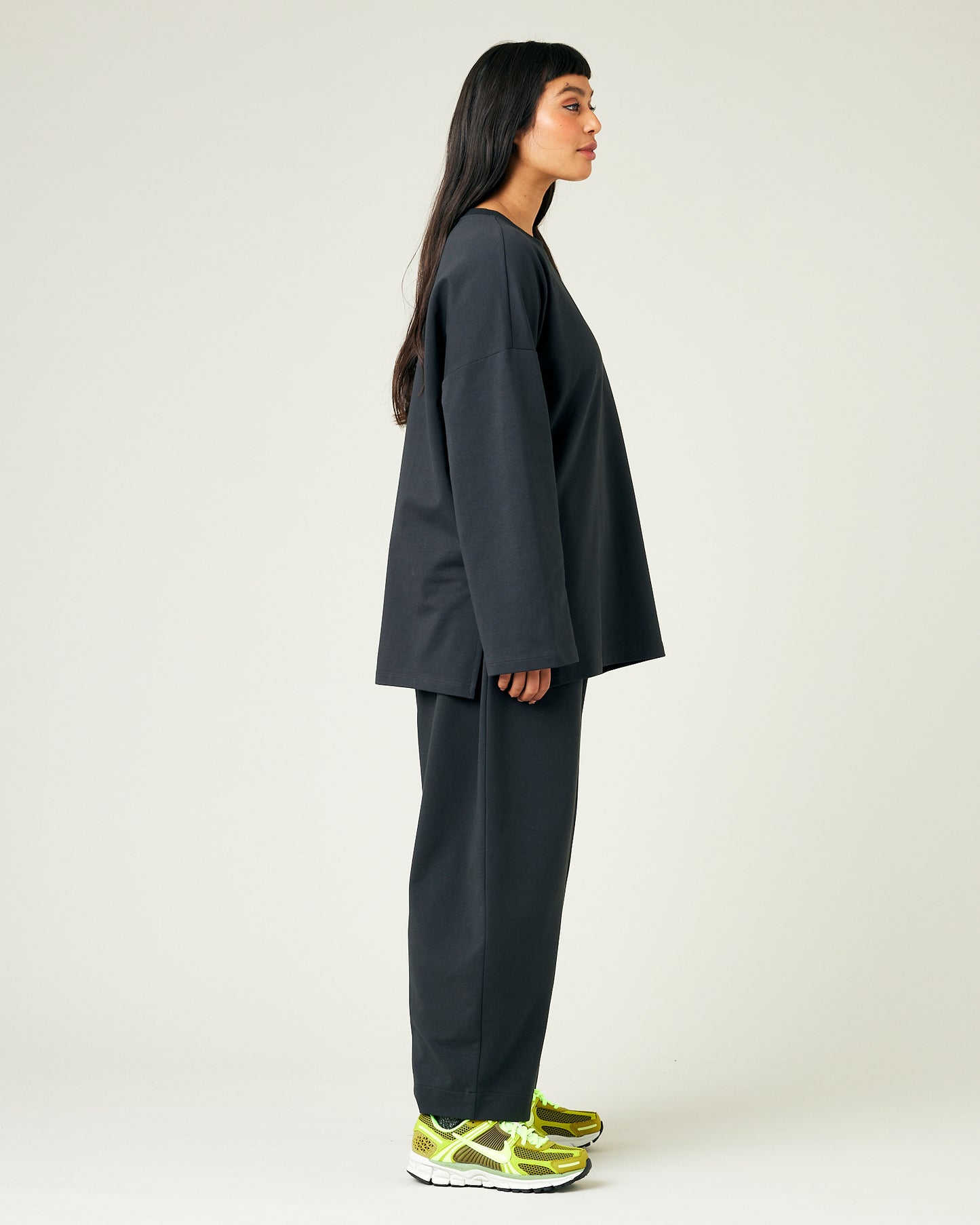 model wears slate jersey mabel trousers