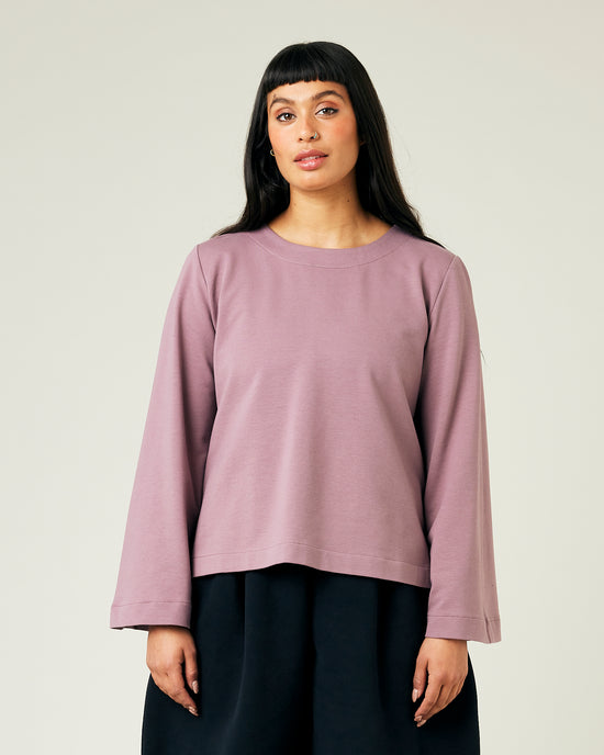 model wears dusty mauve jersey  wren top