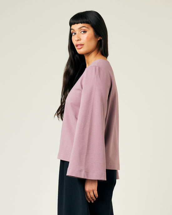 model wears dusty mauve jersey  wren top