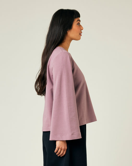 model wears dusty mauve jersey  wren top