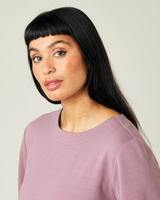 model wears dusty mauve jersey  wren top