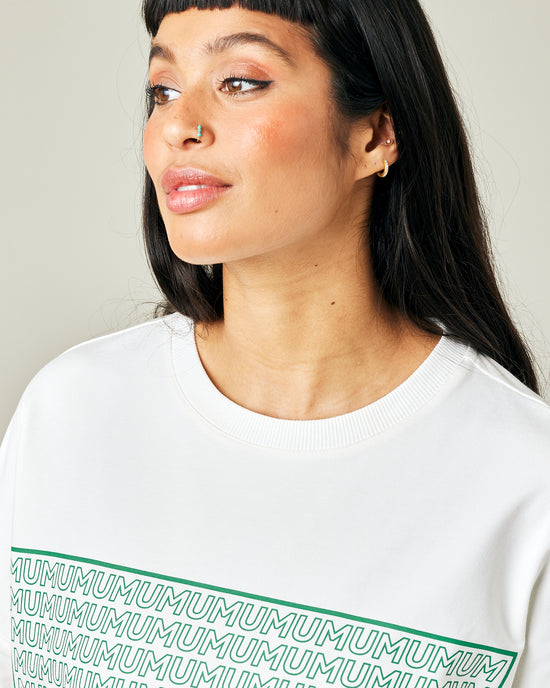 model wears printed off white huxley top