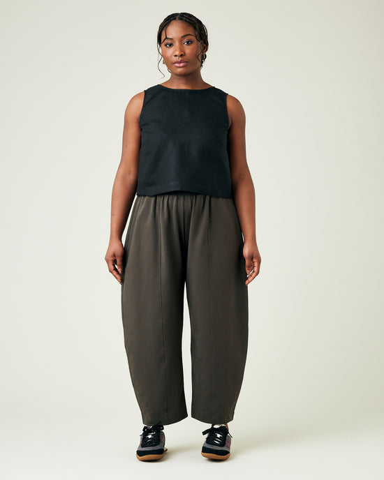 model wears espresso jersey mabel trousers