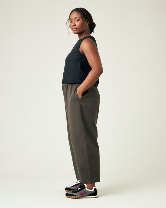 model wears espresso jersey mabel trousers