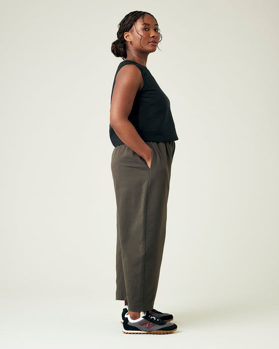 model wears espresso jersey mabel trousers