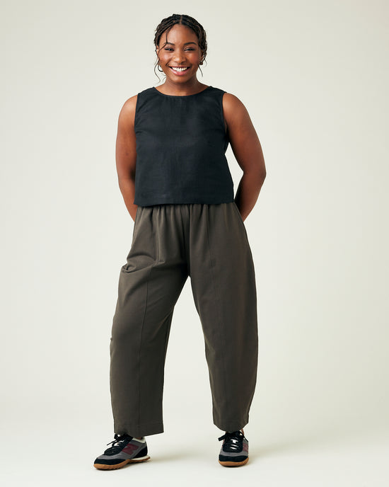 model wears espresso jersey mabel trousers