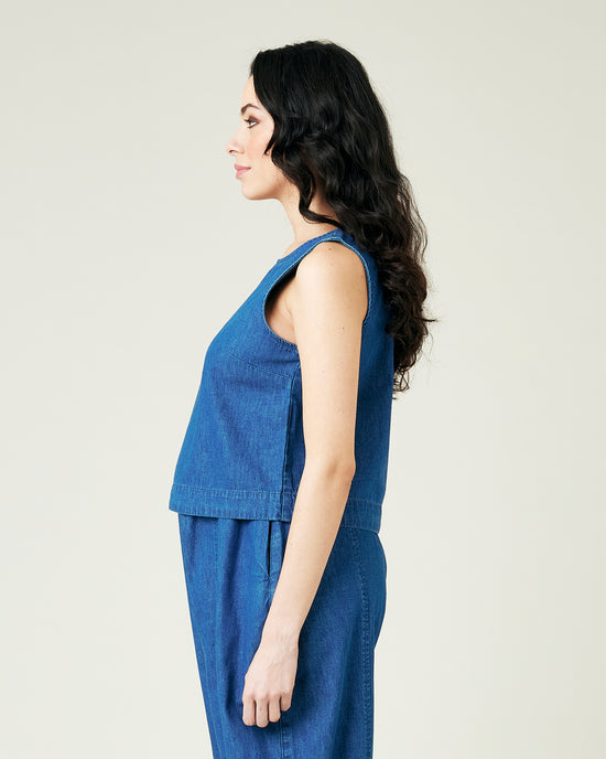 pregnant model wears mid wash chambray esme top