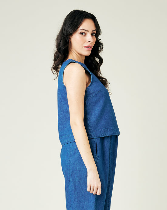 pregnant model wears mid wash chambray esme top